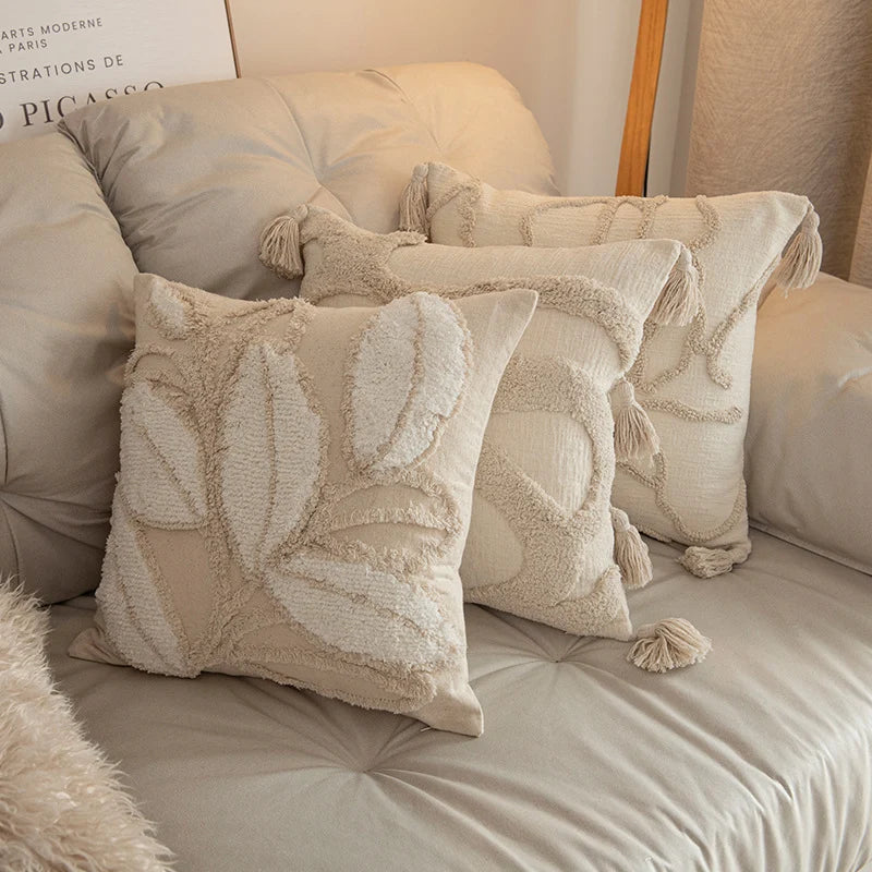 Square Pillow Cover Raised-Loop Tufted & Knotted Tassels
