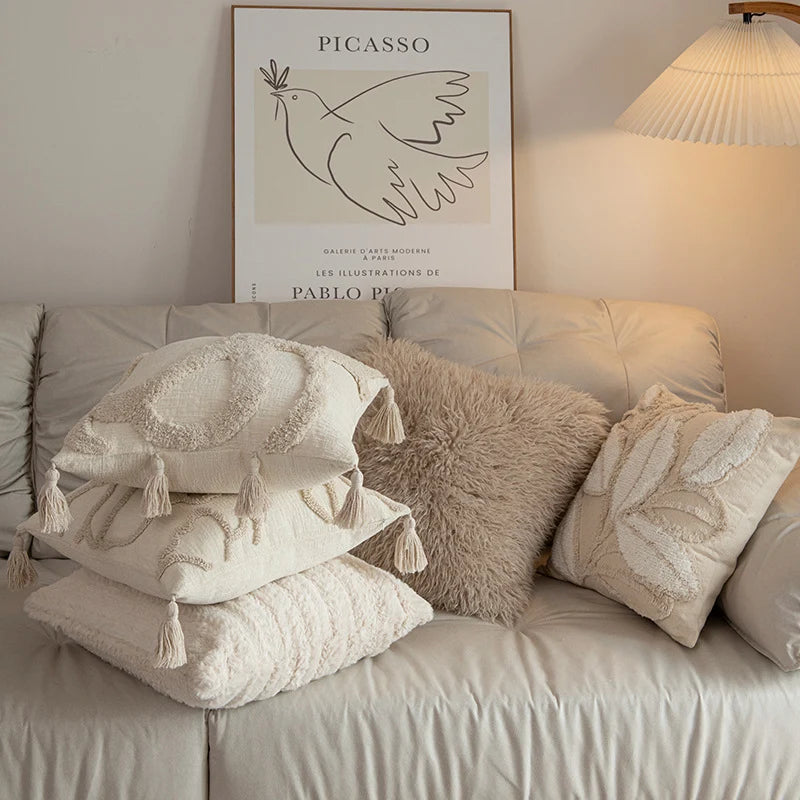 Square Pillow Cover Raised-Loop Tufted & Knotted Tassels
