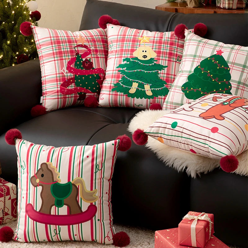 Square Throw Pillow Christmas Dog Print Pom-Pom Removable Cover
