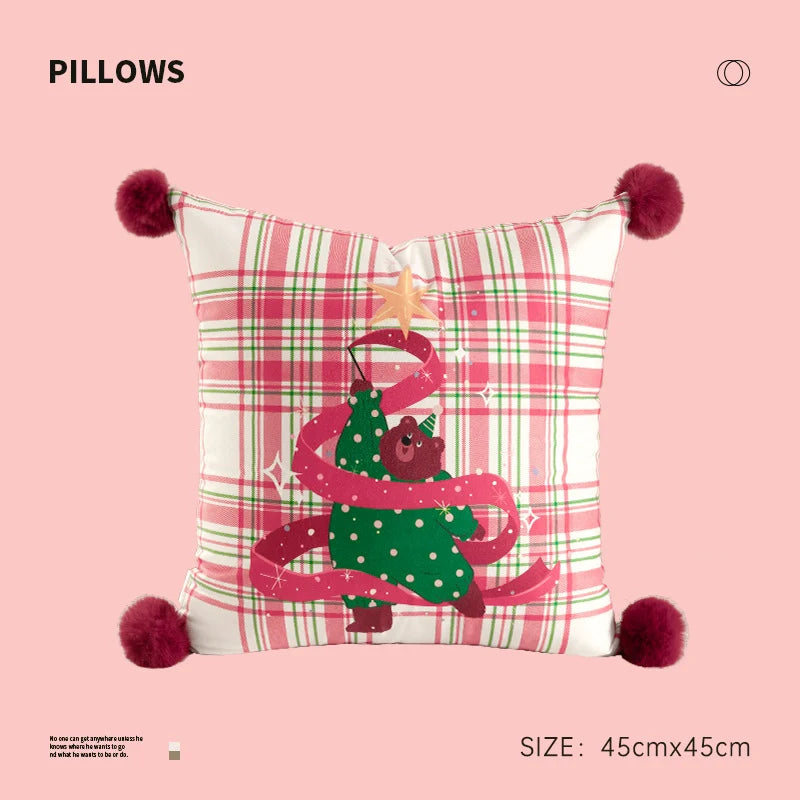 Square Throw Pillow Christmas Dog Print Pom-Pom Removable Cover