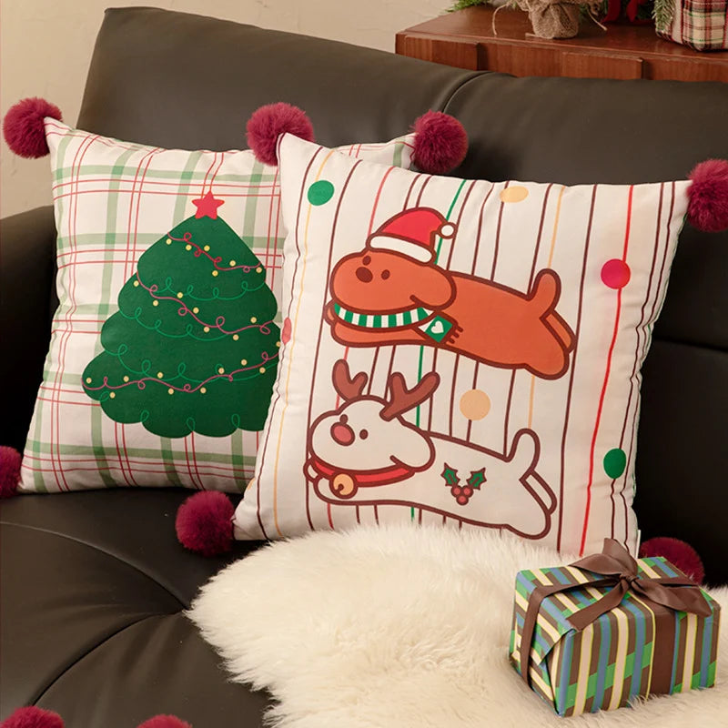 Square Throw Pillow Christmas Dog Print Pom-Pom Removable Cover