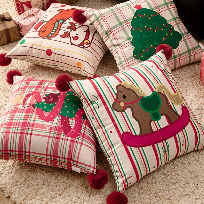 Square Throw Pillow Christmas Dog Print Pom-Pom Removable Cover