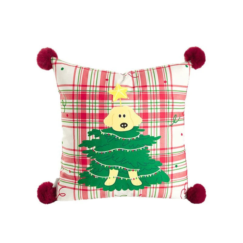 Square Throw Pillow Christmas Dog Print Pom-Pom Removable Cover