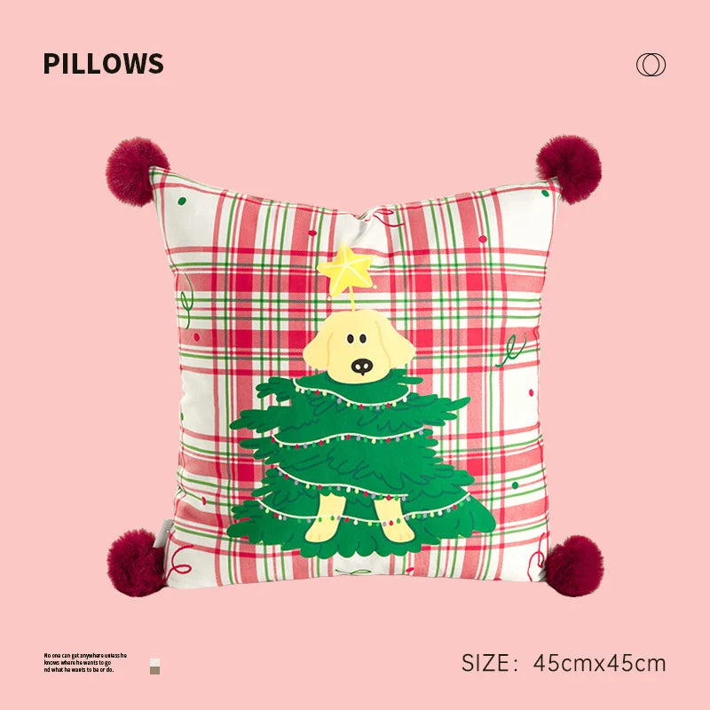 Square Throw Pillow Christmas Dog Print Pom-Pom Removable Cover