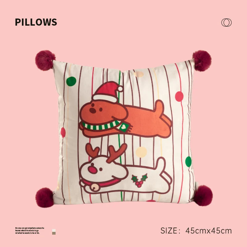 Square Throw Pillow Christmas Dog Print Pom-Pom Removable Cover