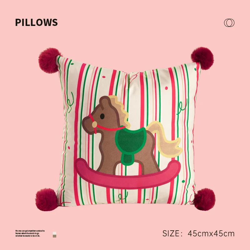 Square Throw Pillow Christmas Dog Print Pom-Pom Removable Cover