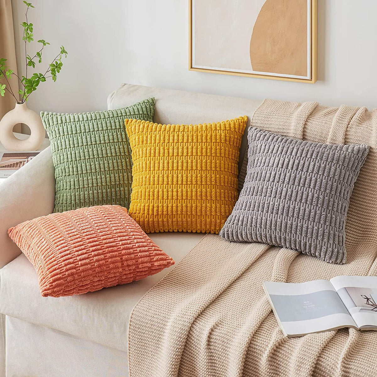 Square Throw Pillow Cover Chenille Textured Grid Hidden Zipper