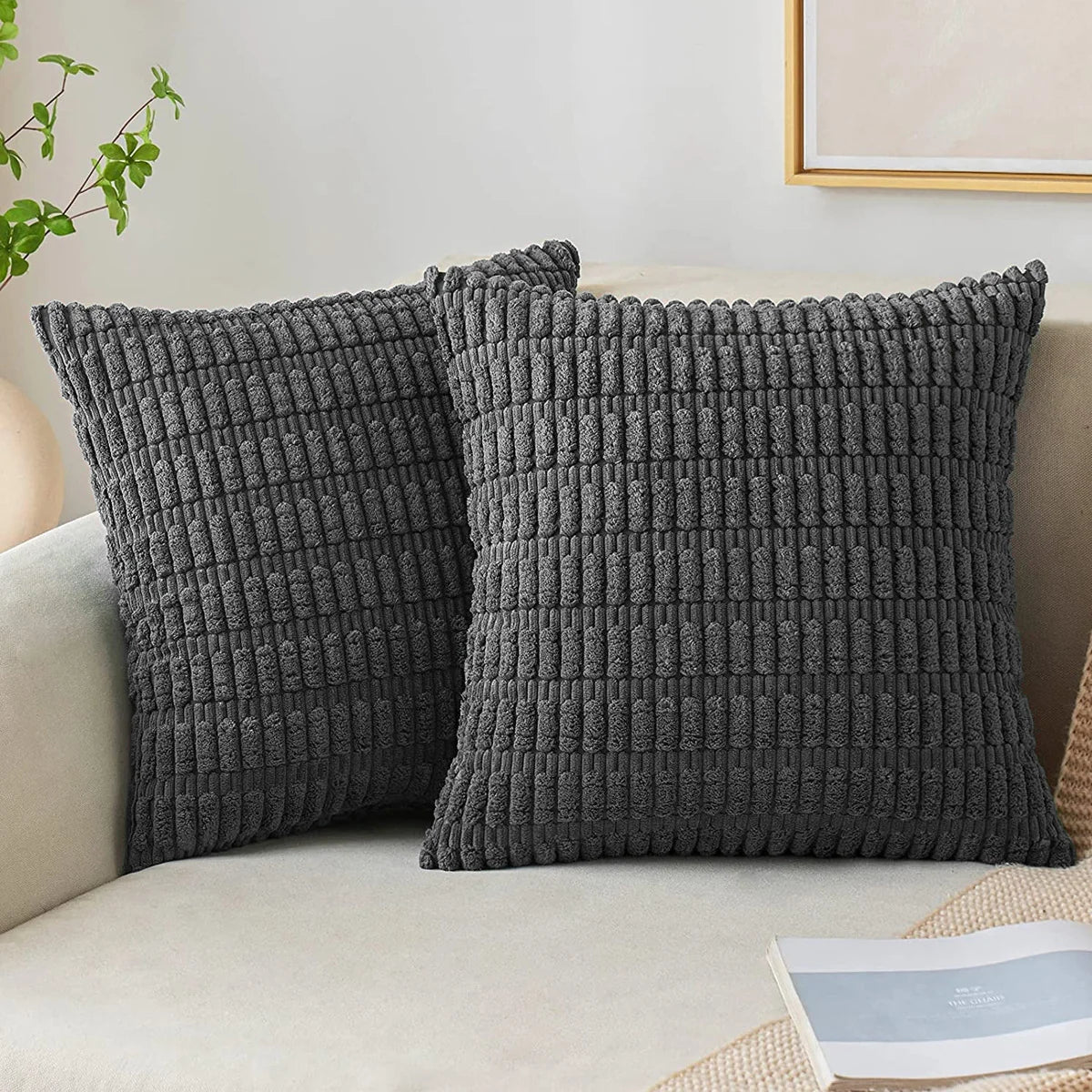 Square Throw Pillow Cover Chenille Textured Grid Hidden Zipper