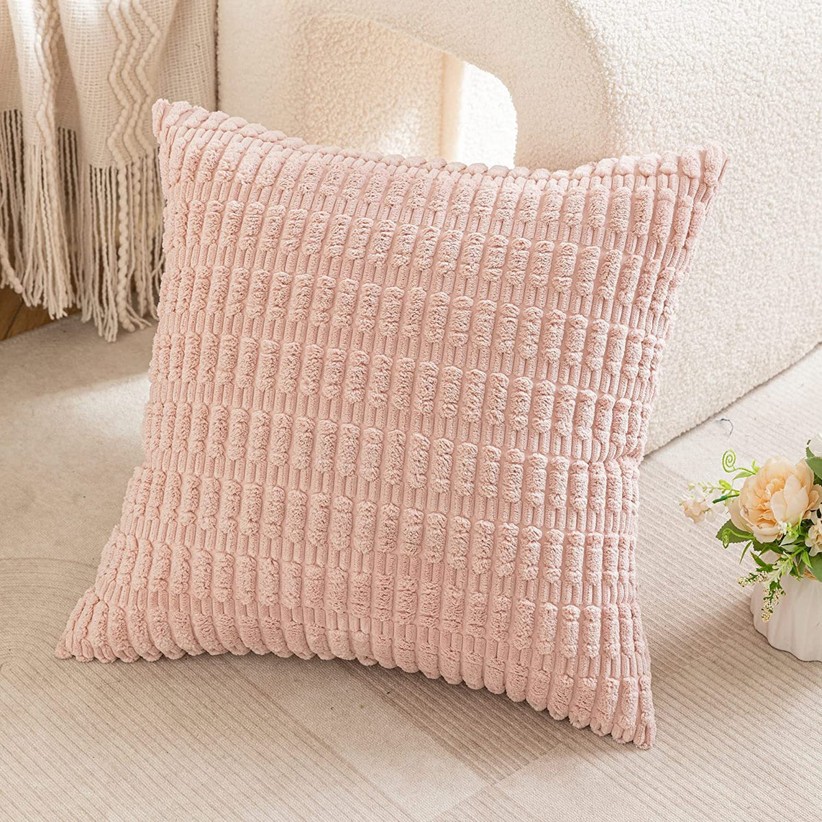 Square Throw Pillow Cover Chenille Textured Grid Hidden Zipper