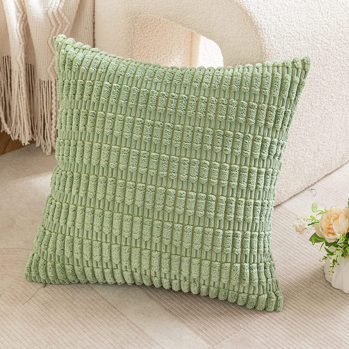 Square Throw Pillow Cover Chenille Textured Grid Hidden Zipper