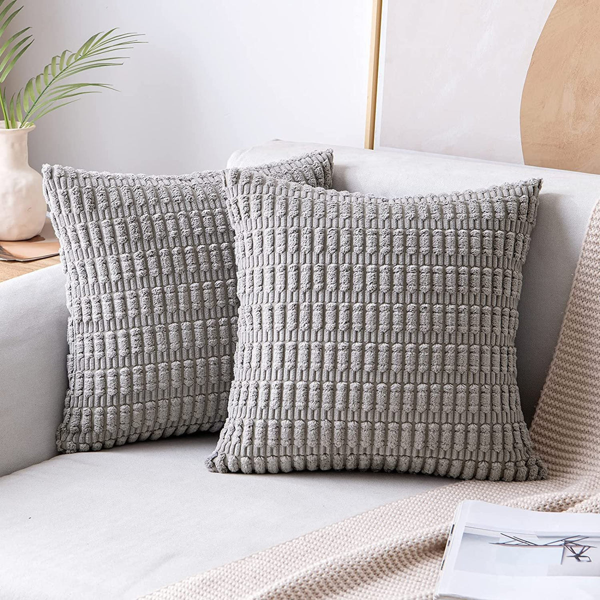 Square Throw Pillow Cover Chenille Textured Grid Hidden Zipper