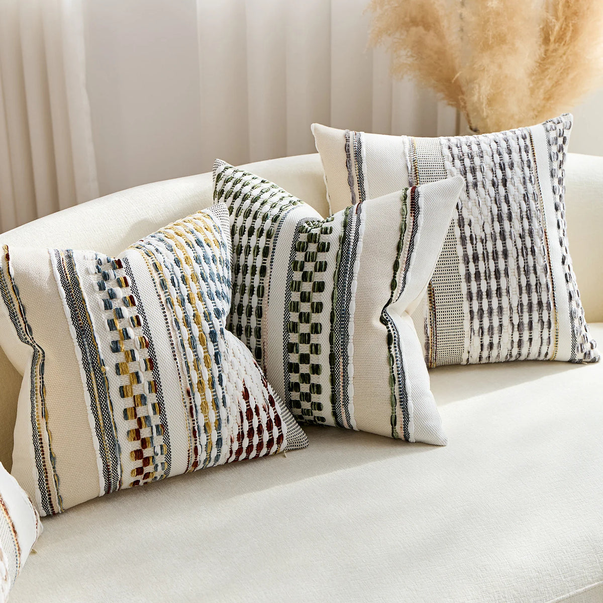 Square Throw Pillow Cover Handwoven Cotton Blend Tufted Stripes