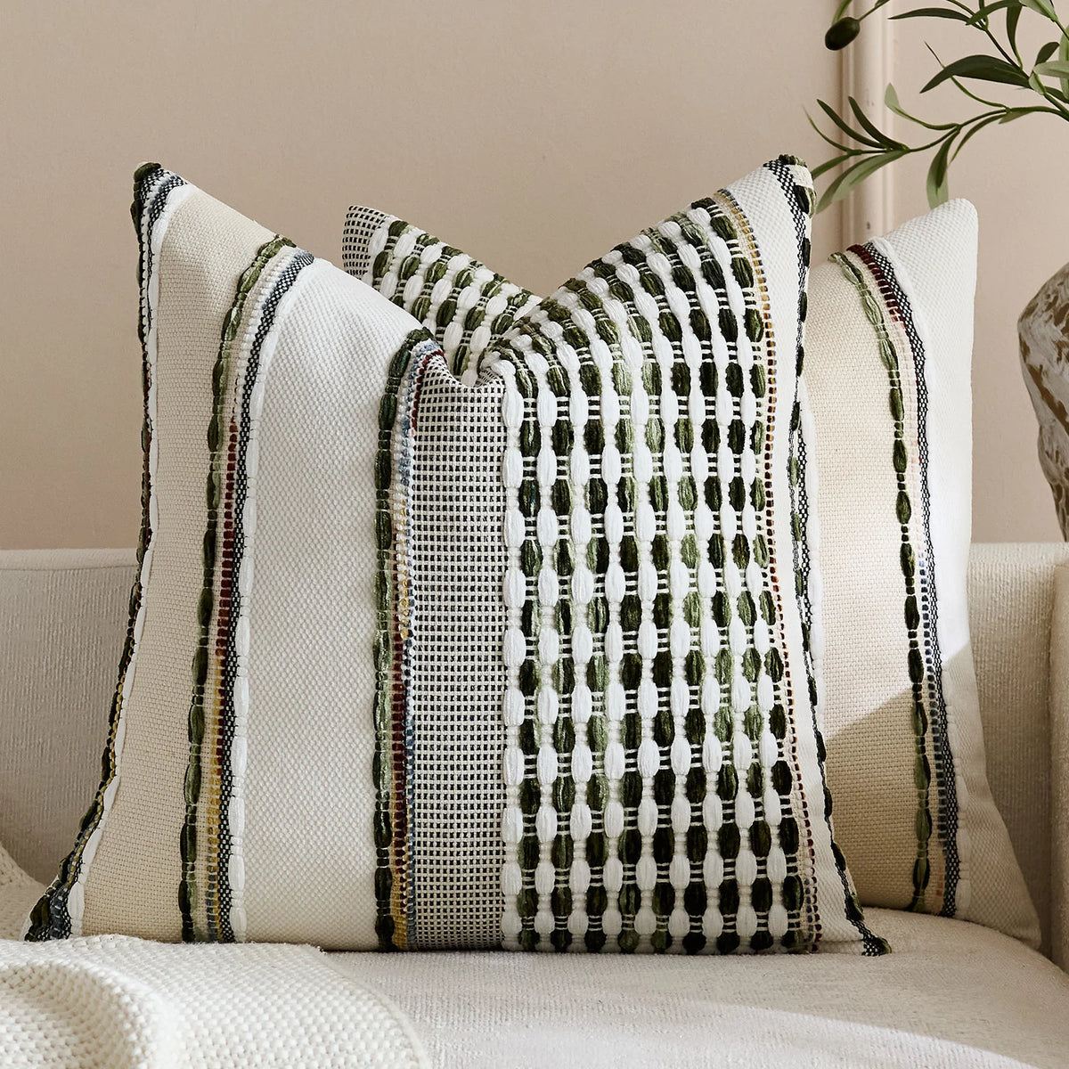 Square Throw Pillow Cover Handwoven Cotton Blend Tufted Stripes