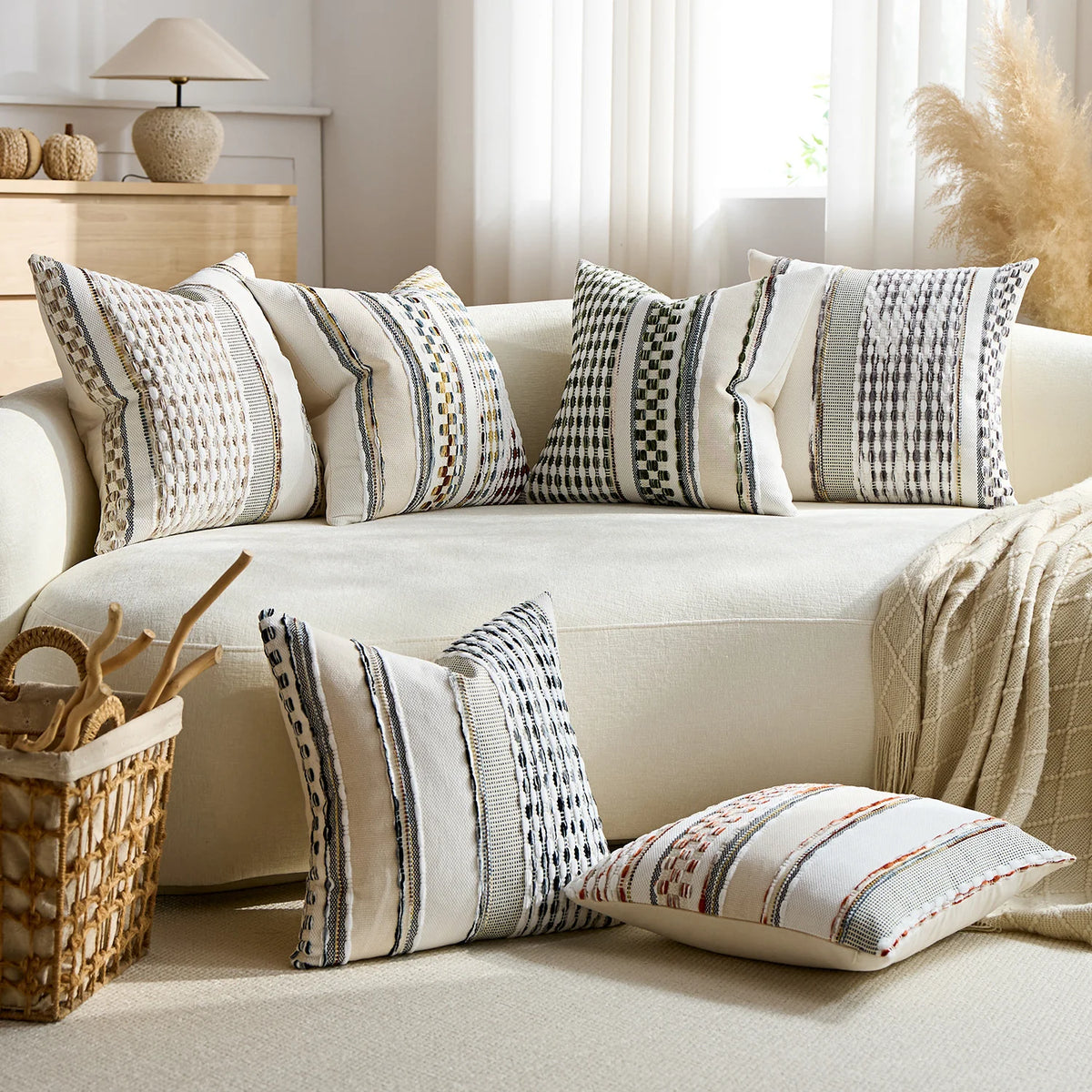 Square Throw Pillow Cover Handwoven Cotton Blend Tufted Stripes