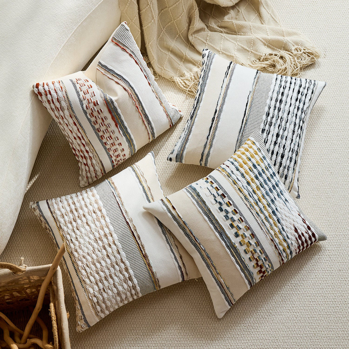 Square Throw Pillow Cover Handwoven Cotton Blend Tufted Stripes