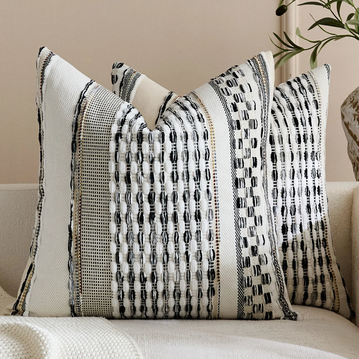 Square Throw Pillow Cover Handwoven Cotton Blend Tufted Stripes