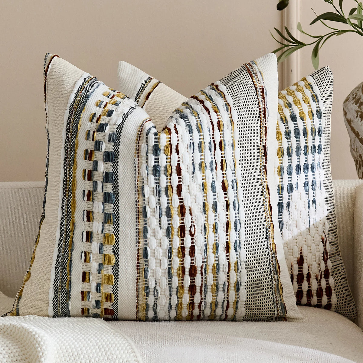 Square Throw Pillow Cover Handwoven Cotton Blend Tufted Stripes