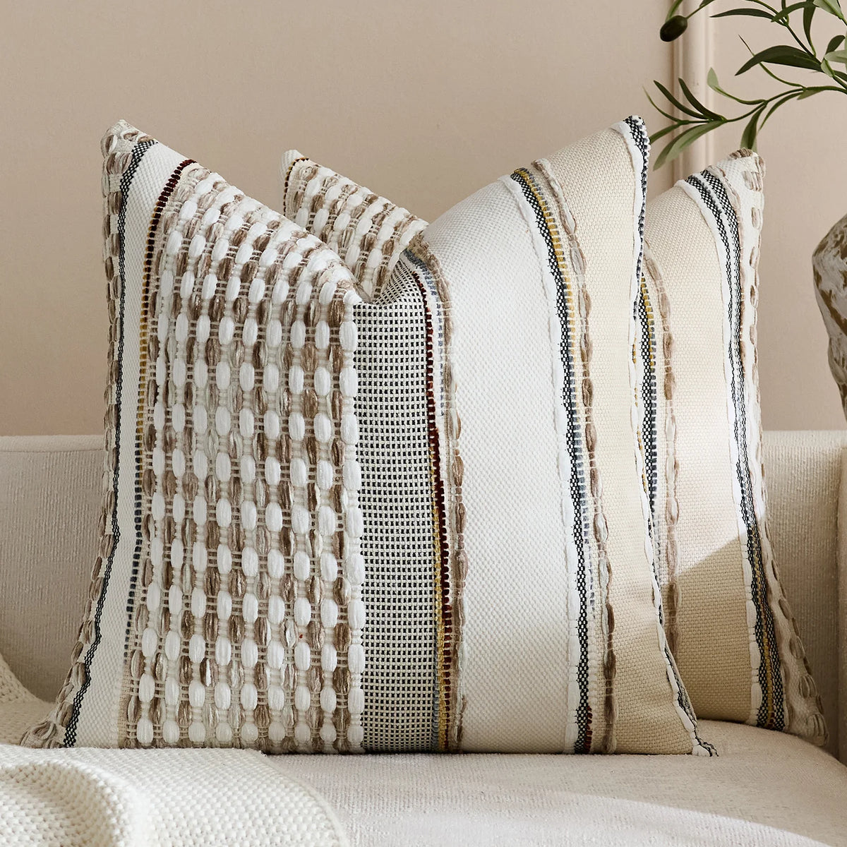 Square Throw Pillow Cover Handwoven Cotton Blend Tufted Stripes