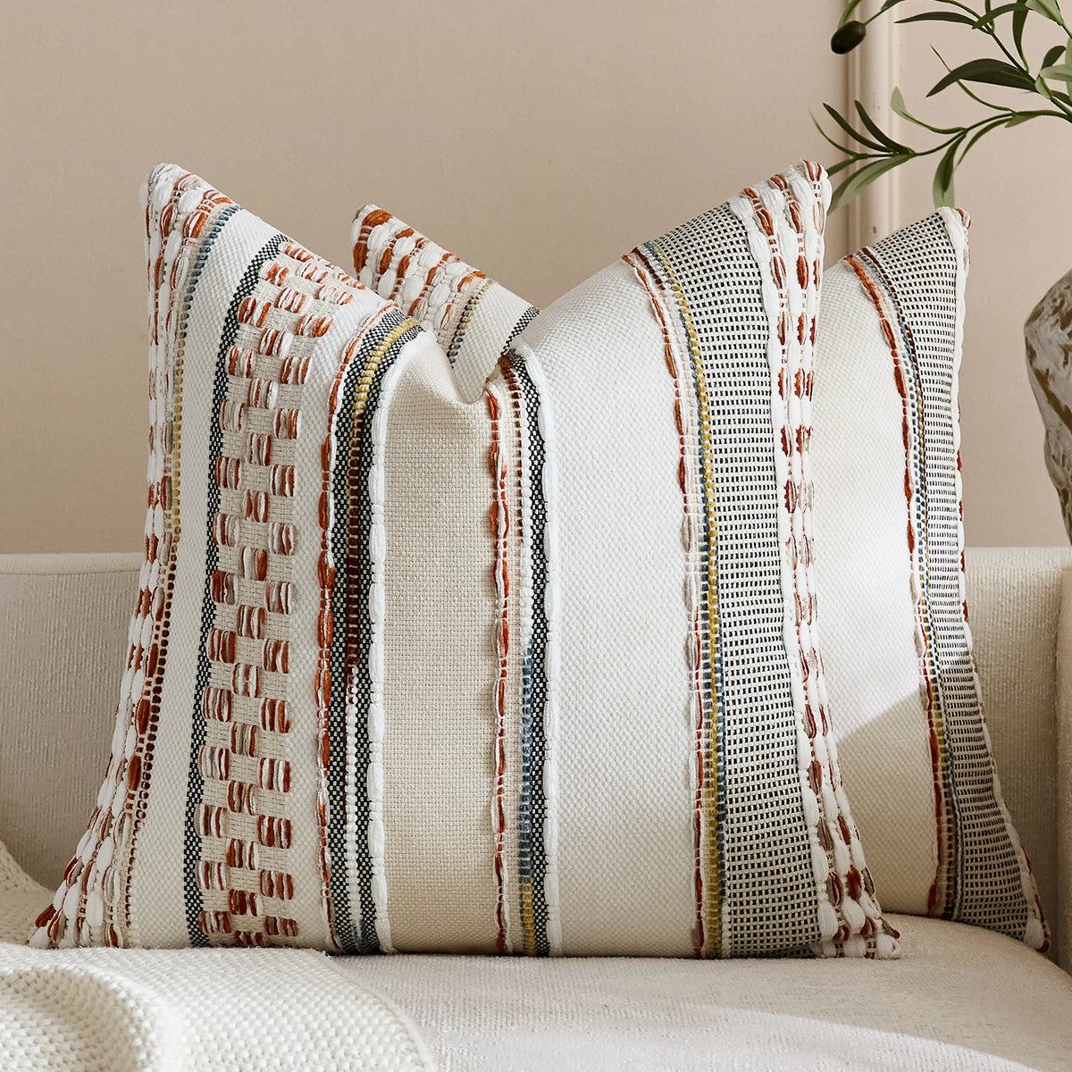 Square Throw Pillow Cover Handwoven Cotton Blend Tufted Stripes