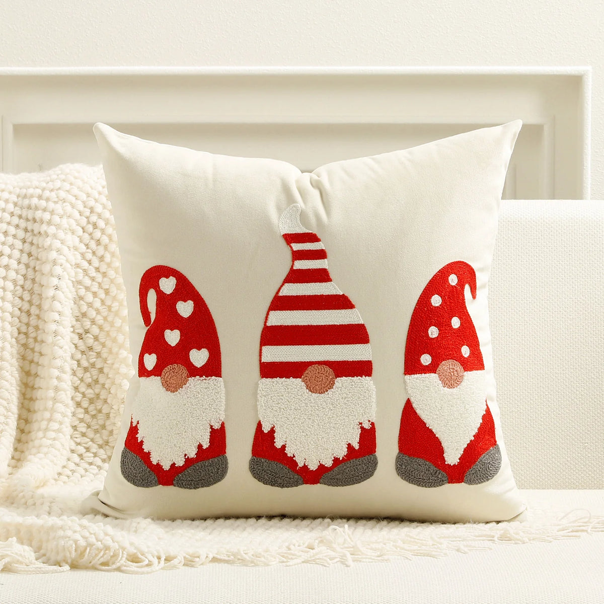 Square Throw Pillow Cover Linen-Blend Raised Embroidery Hidden Zipper