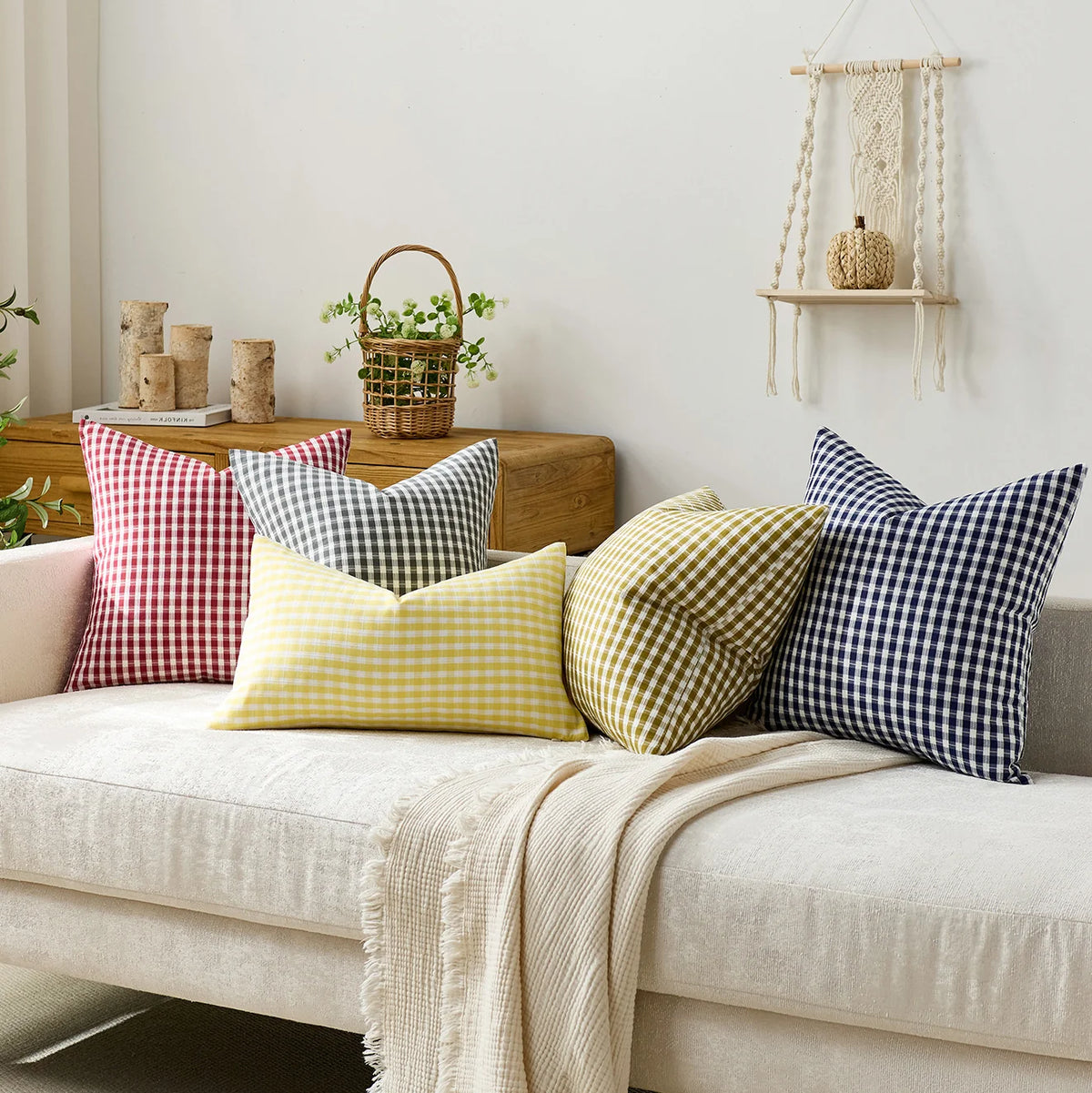 Square Throw Pillow Covers Reversible Gingham Cotton-Linen Hidden Zipper
