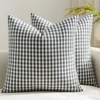Square Throw Pillow Covers Reversible Gingham Cotton-Linen Hidden Zipper