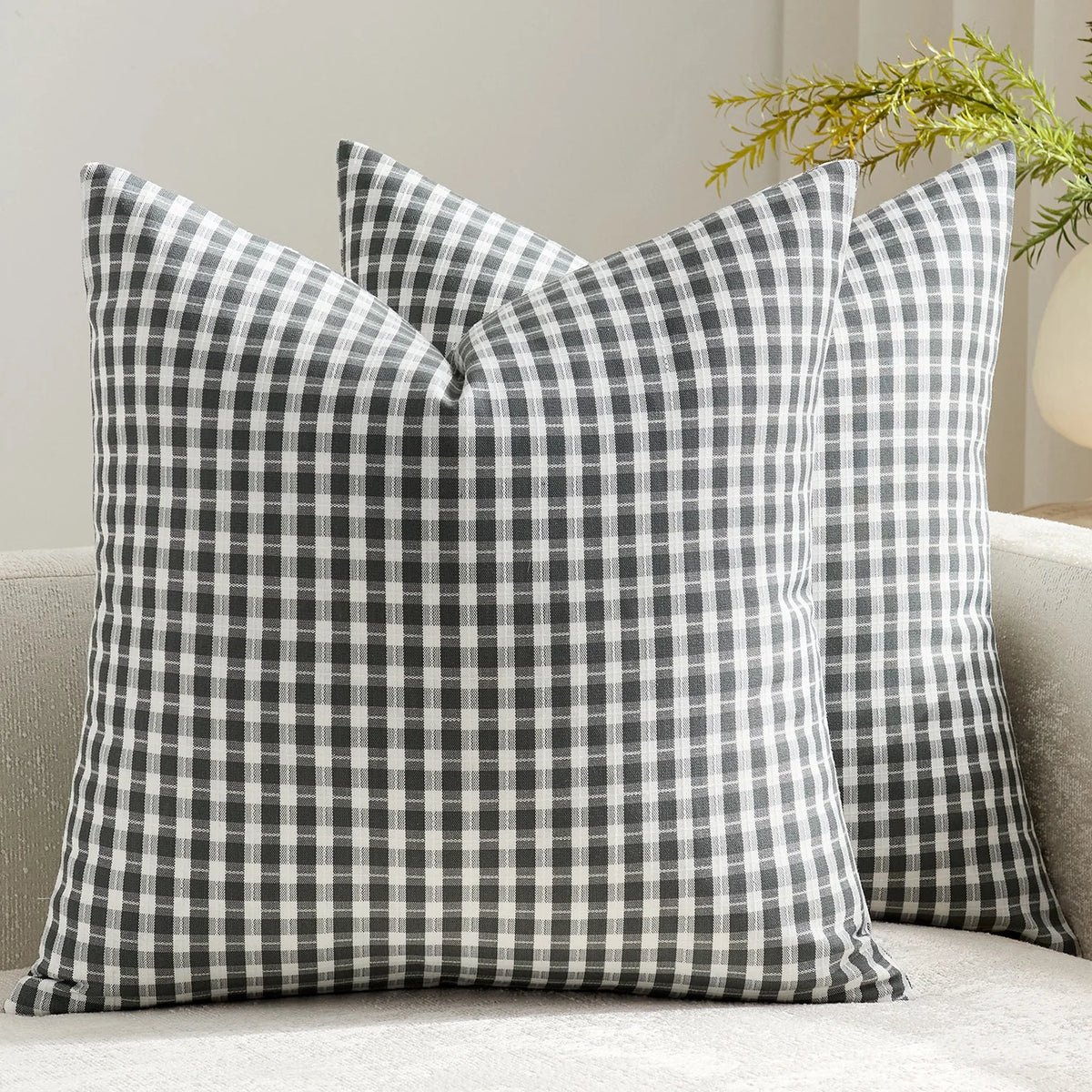 Square Throw Pillow Covers Reversible Gingham Cotton-Linen Hidden Zipper