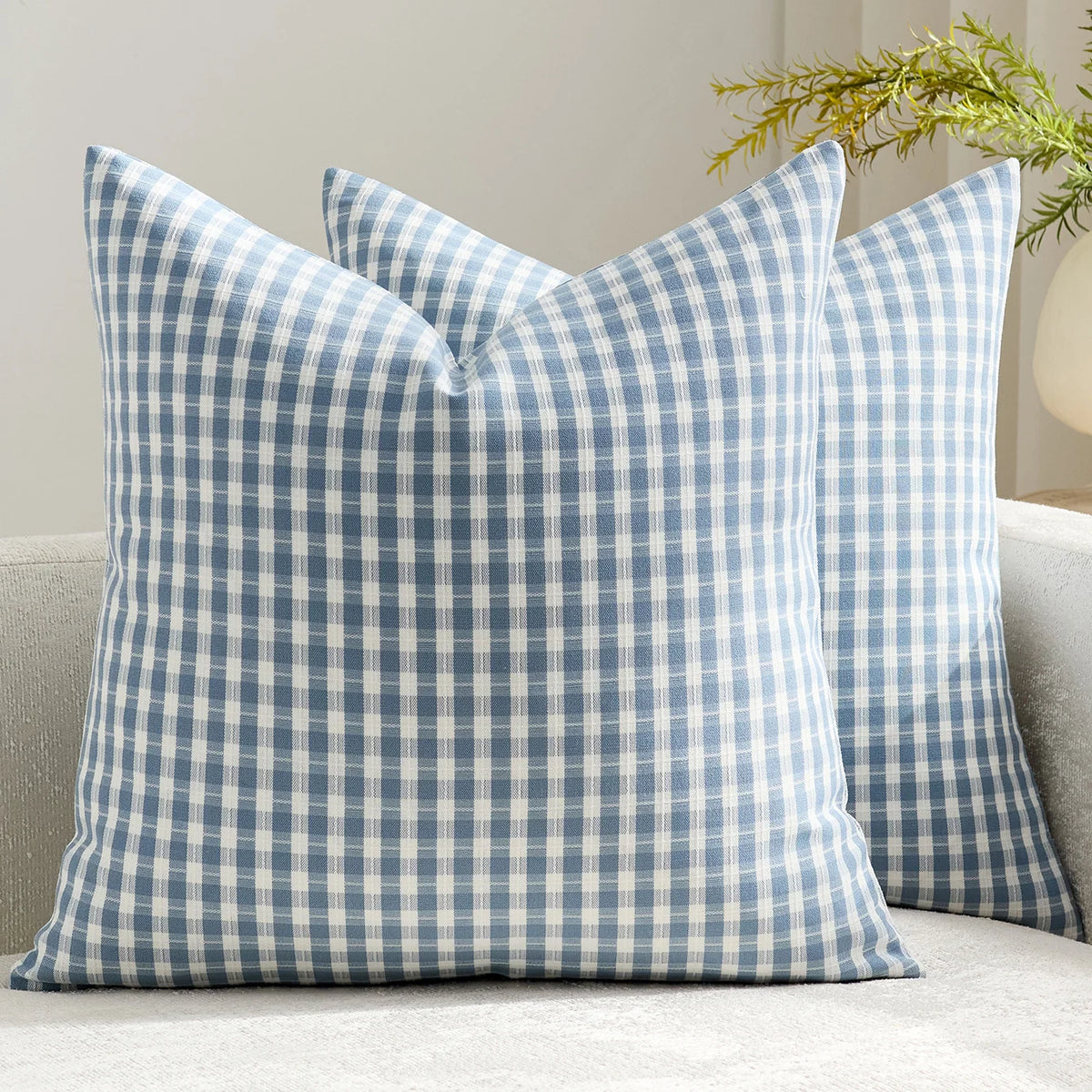 Square Throw Pillow Covers Reversible Gingham Cotton-Linen Hidden Zipper