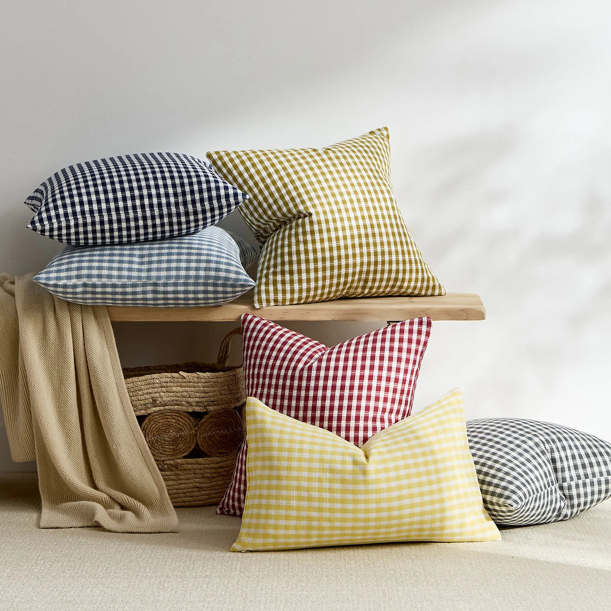 Square Throw Pillow Covers Reversible Gingham Cotton-Linen Hidden Zipper