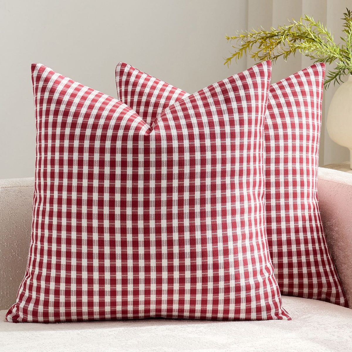 Square Throw Pillow Covers Reversible Gingham Cotton-Linen Hidden Zipper