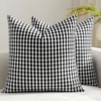 Square Throw Pillow Covers Reversible Gingham Cotton-Linen Hidden Zipper