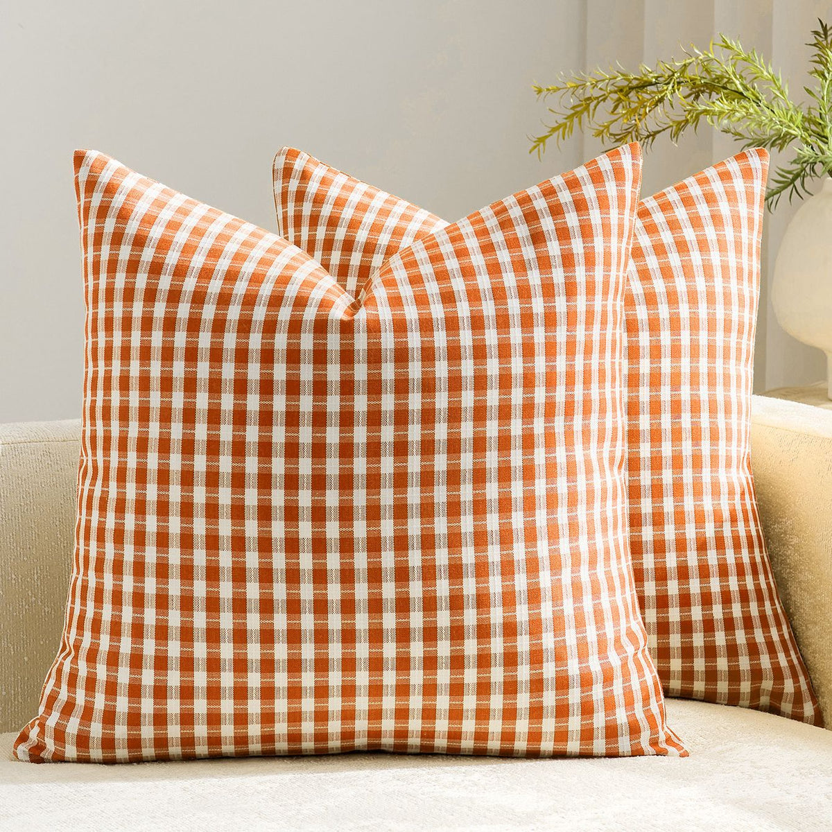 Square Throw Pillow Covers Reversible Gingham Cotton-Linen Hidden Zipper