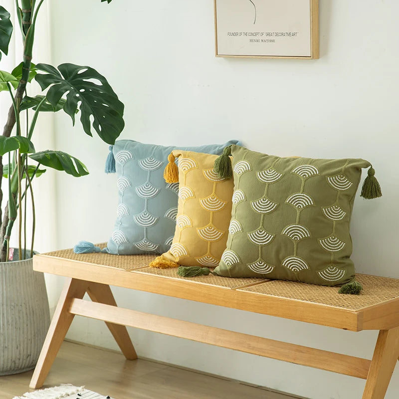 Square Throw Pillow Embroidered Fan & Tassels Removable Cotton-Blend Cover