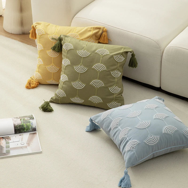 Square Throw Pillow Embroidered Fan & Tassels Removable Cotton-Blend Cover