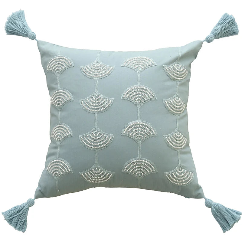 Square Throw Pillow Embroidered Fan & Tassels Removable Cotton-Blend Cover