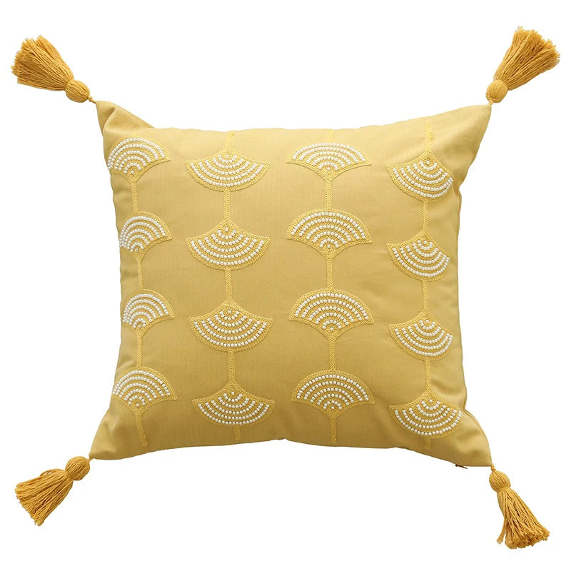 Square Throw Pillow Embroidered Fan & Tassels Removable Cotton-Blend Cover