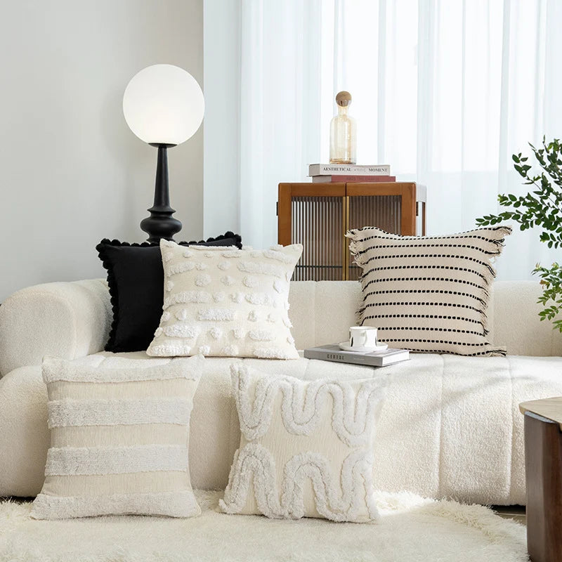 Square Throw Pillow Plush Velvet Pom-Pom Fringe Removable Insert
