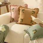 Square Throw Pillow Ruffled Edge Embroidered Flowers Removable Cover