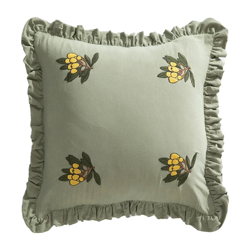 Square Throw Pillow Ruffled Edge Embroidered Flowers Removable Cover