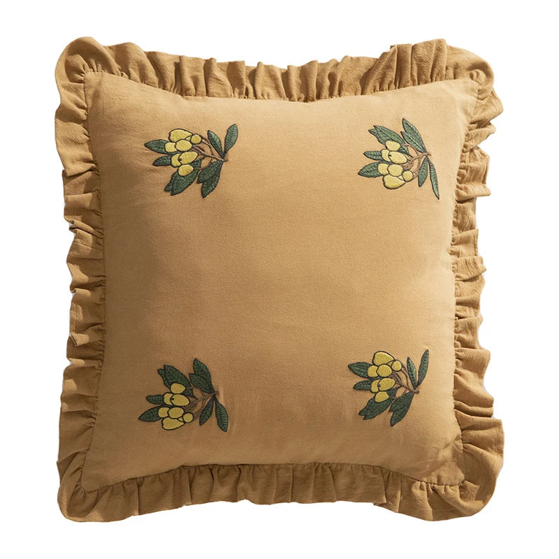 Square Throw Pillow Ruffled Edge Embroidered Flowers Removable Cover