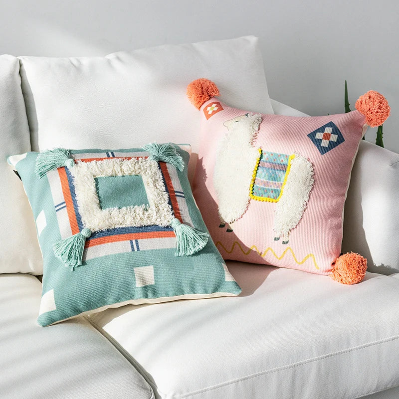 Square Throw Pillow Woven Diamond Pom-Poms & Tassels