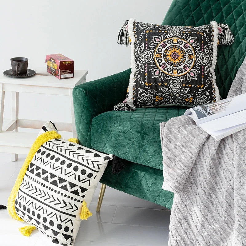 Square Throw Pillow Woven Diamond Pom-Poms & Tassels