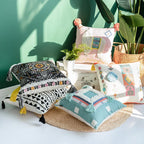Square Throw Pillow Woven Diamond Pom-Poms & Tassels