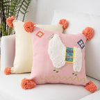 Square Throw Pillow Woven Diamond Pom-Poms & Tassels