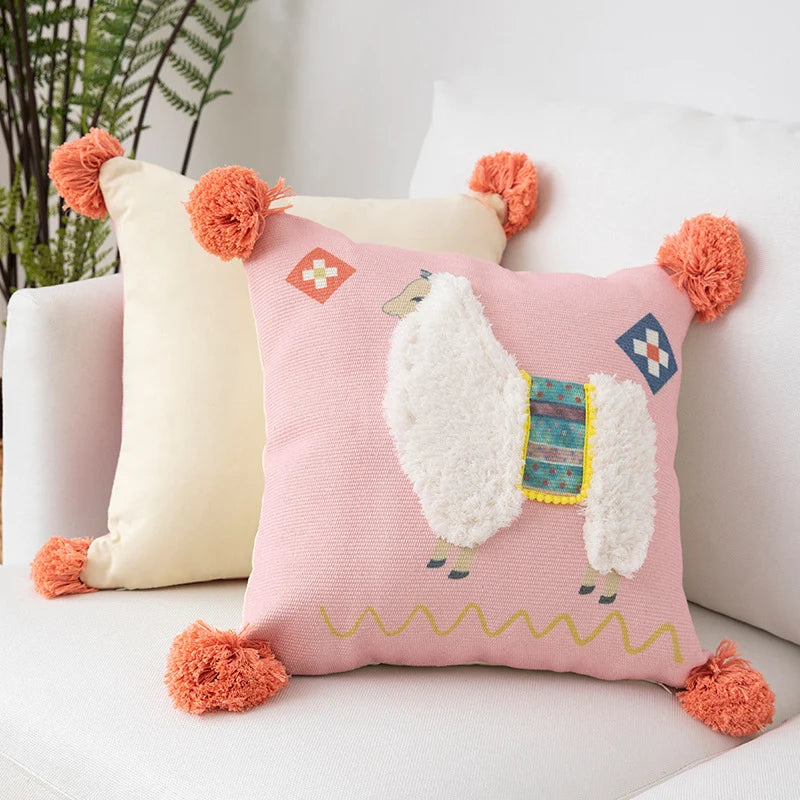 Square Throw Pillow Woven Diamond Pom-Poms & Tassels