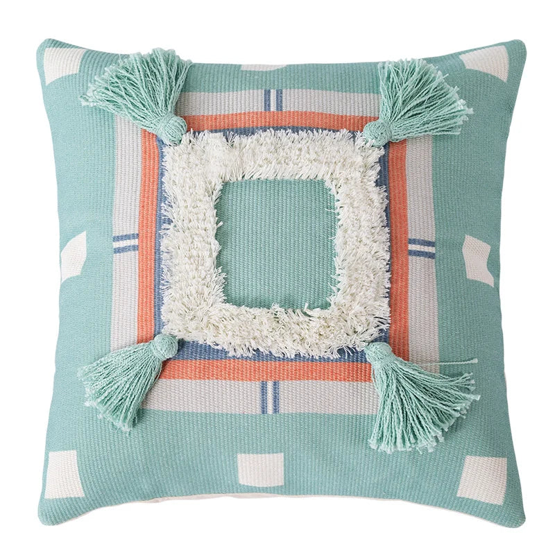 Square Throw Pillow Woven Diamond Pom-Poms & Tassels