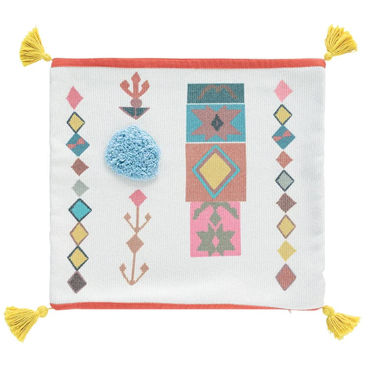 Square Throw Pillow Woven Diamond Pom-Poms & Tassels