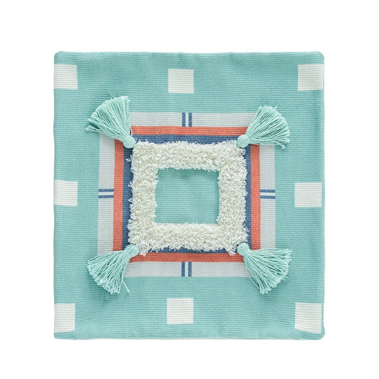 Square Throw Pillow Woven Diamond Pom-Poms & Tassels