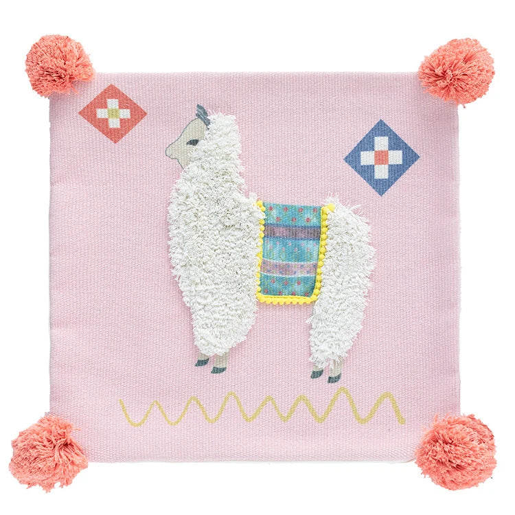 Square Throw Pillow Woven Diamond Pom-Poms & Tassels