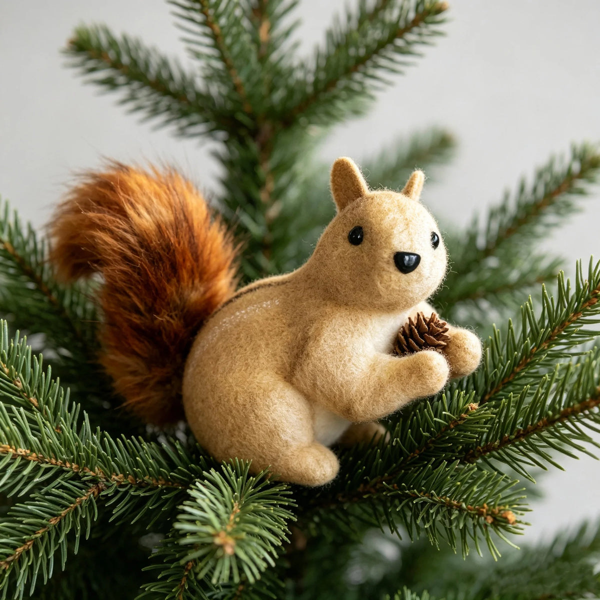 Squirrel Figurine Handcrafted Felt & Wood Lifelike